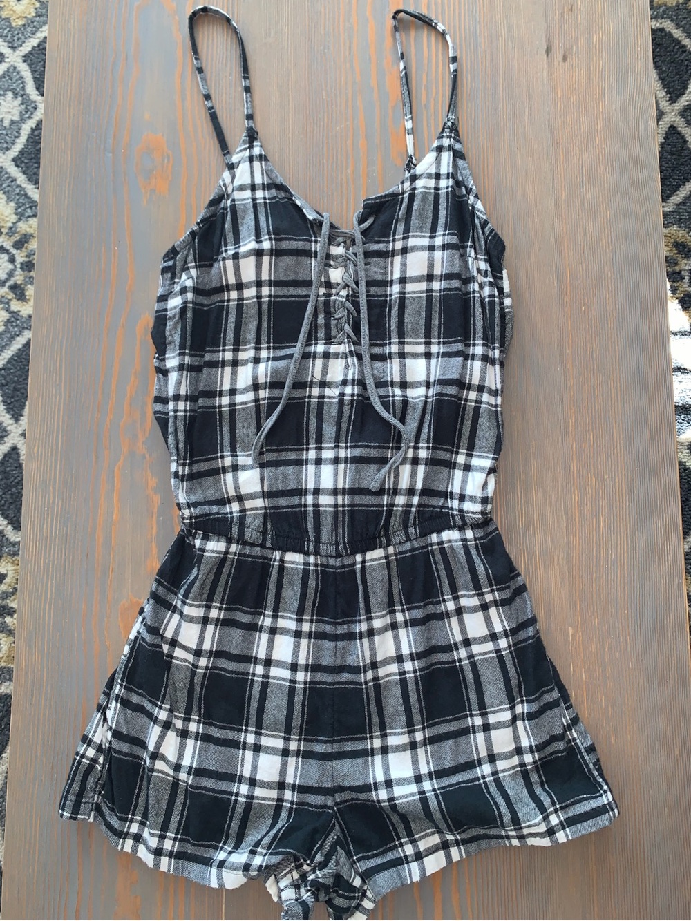 Women’s Aerie black and white plaid flannel romper